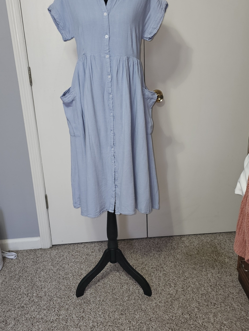 Hausen Light Blue Button-Front Midi Dress with Pockets Sz Med Girlhoodcore